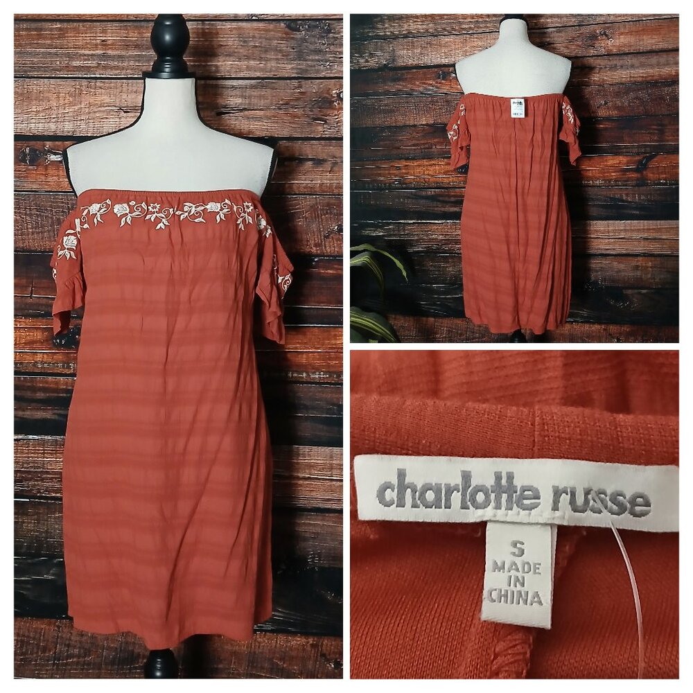 NWT Charlotte Russe Shift Dress S Off Shoulder Clay Red Embroidered Rayon